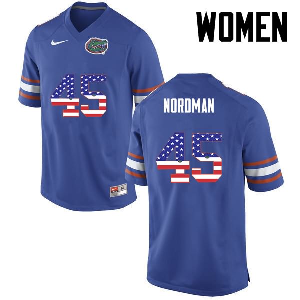 NCAA Florida Gators Charles Nordman Women's #45 USA Flag Fashion Nike Blue Stitched Authentic College Football Jersey MNF8164RM
